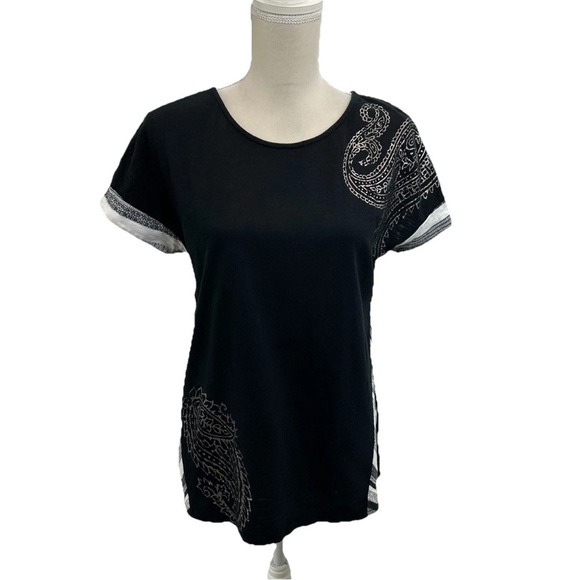 Zenergy by Chico’s Black Cotton Blend Top Womens Medium Short Sleeve Colorblock - Picture 1 of 7